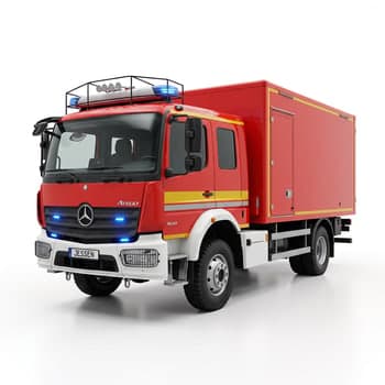Roter Mercedes-Benz Atego mit Kofferaufbau und Dachträger in Dreiviertelansicht