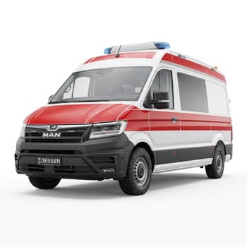 Rot-weißer MAN TGE Transporter mit blauer Signalanlage in Dreiviertelansicht
